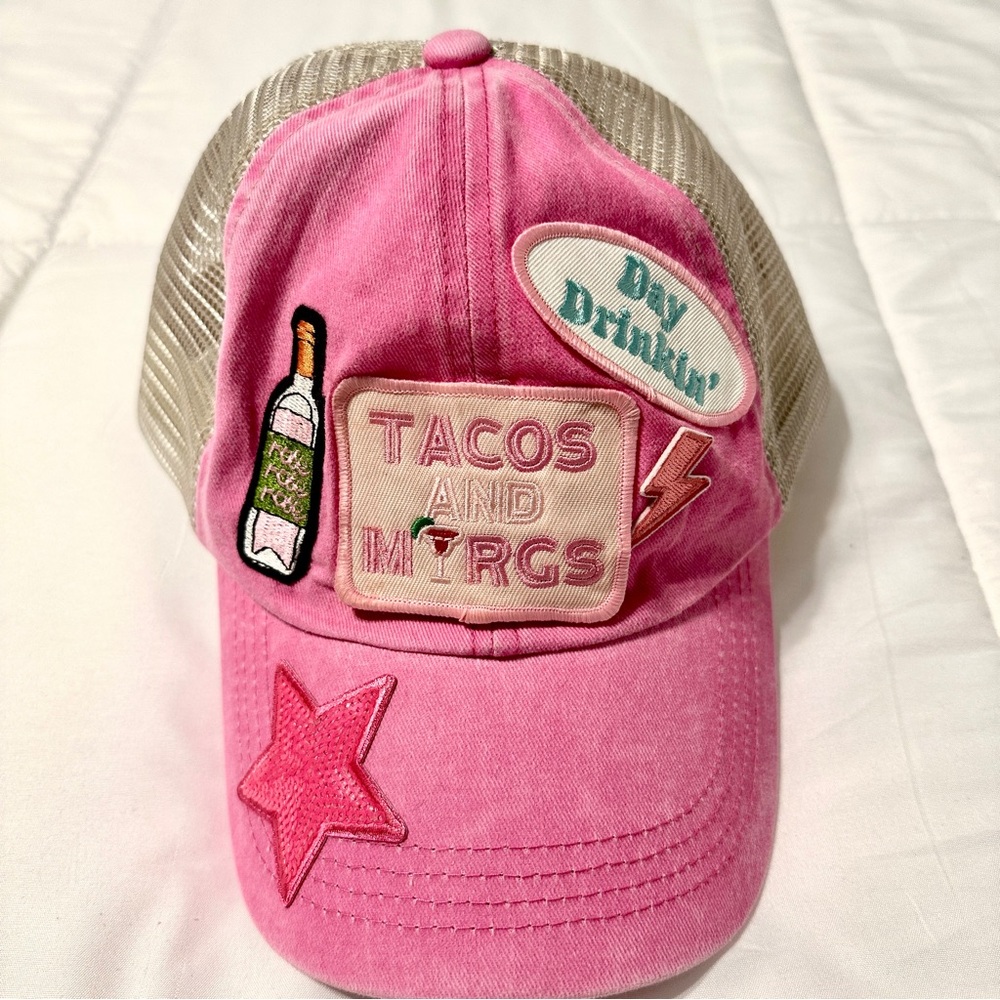 Pink Custom Tacos and Margs Trucker Hat with Various Fun Patches